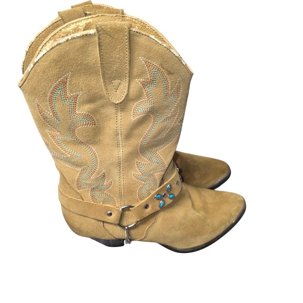 Dingo DI 642 Womens Tan Suede Western Cowboy Boots Turquoise Studs Chain Sz 7.5